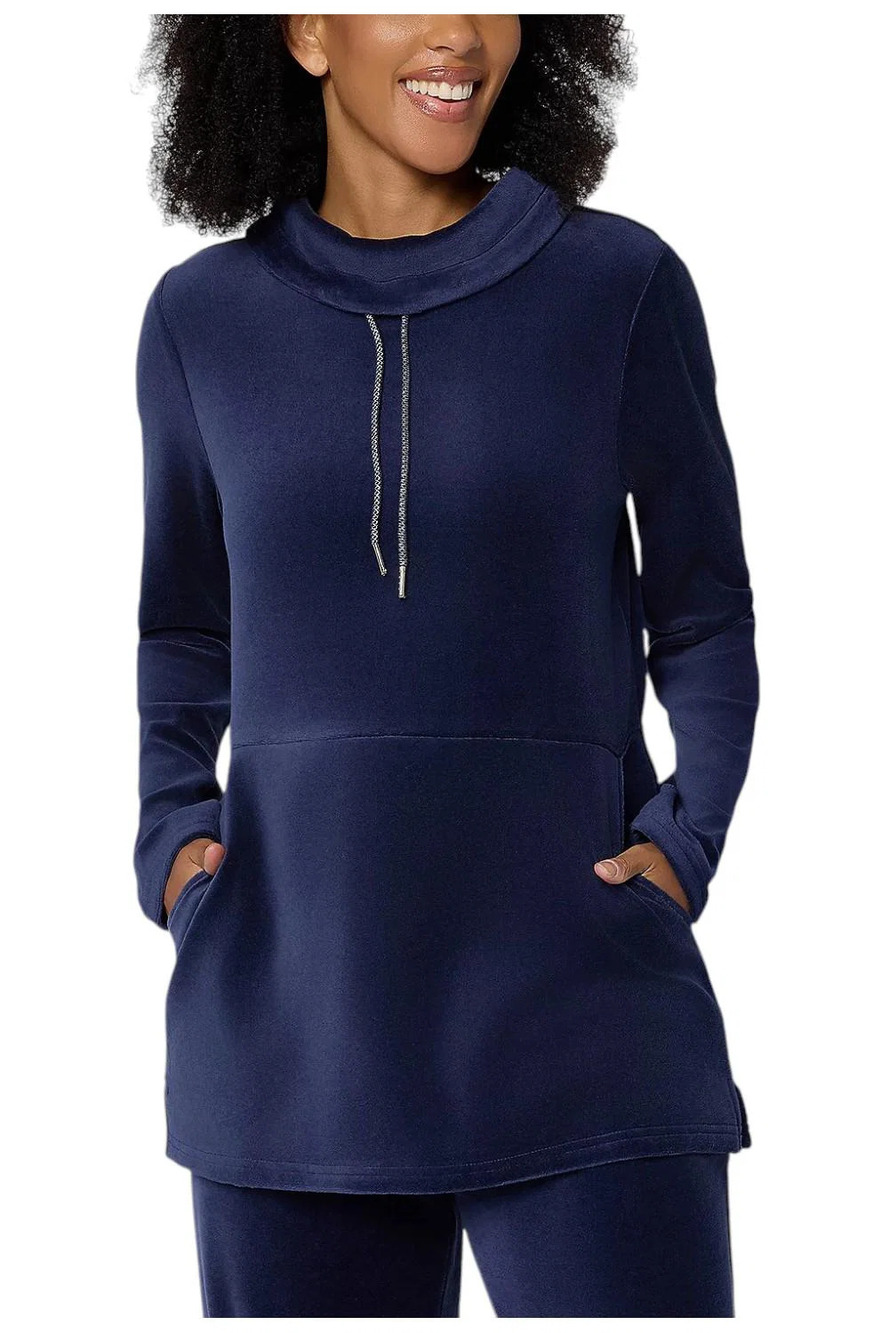 Denim & Co. Women's Velour Cowl Neck Pullover Top Navy - Plus